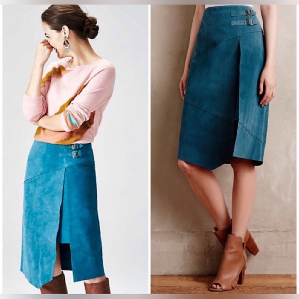 Anthropologie Leifsdottir Teal Blue Distressed Suede Leather Midi Skirt Size 4
